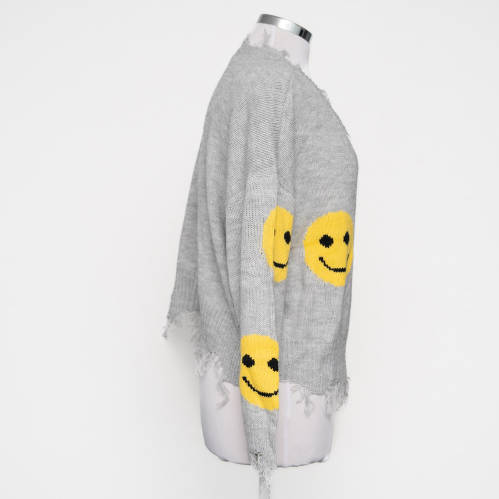 No Comment NY-LA Smiley Face Distressed Gray Knit Sweater - Picture 2 of 9
